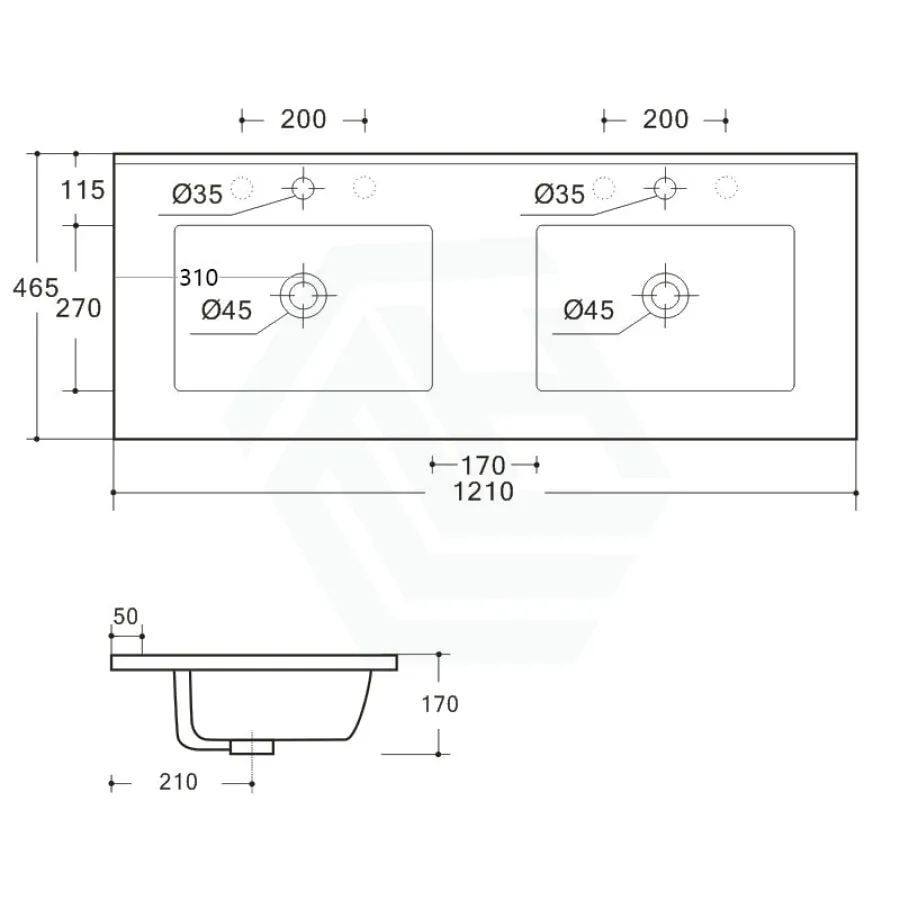 1210x465x170mm Ceramic Top for Bathroom Vanity Sleek High Gloss Square Double Bowls 2 Tap Holes 2 Overflow Holes