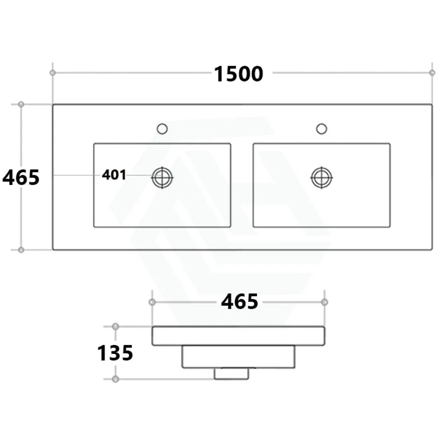 1500x460x135mm Poly Top for Bathroom Vanity Double Bowls Matt White 1 Tap hole No Overflow