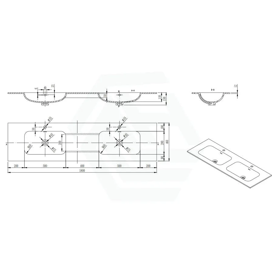 1800x460x150mm Chiefly Solid Surface Stone Top Gloss White for Bathroom Vanity 12 O'clock Tap Hole