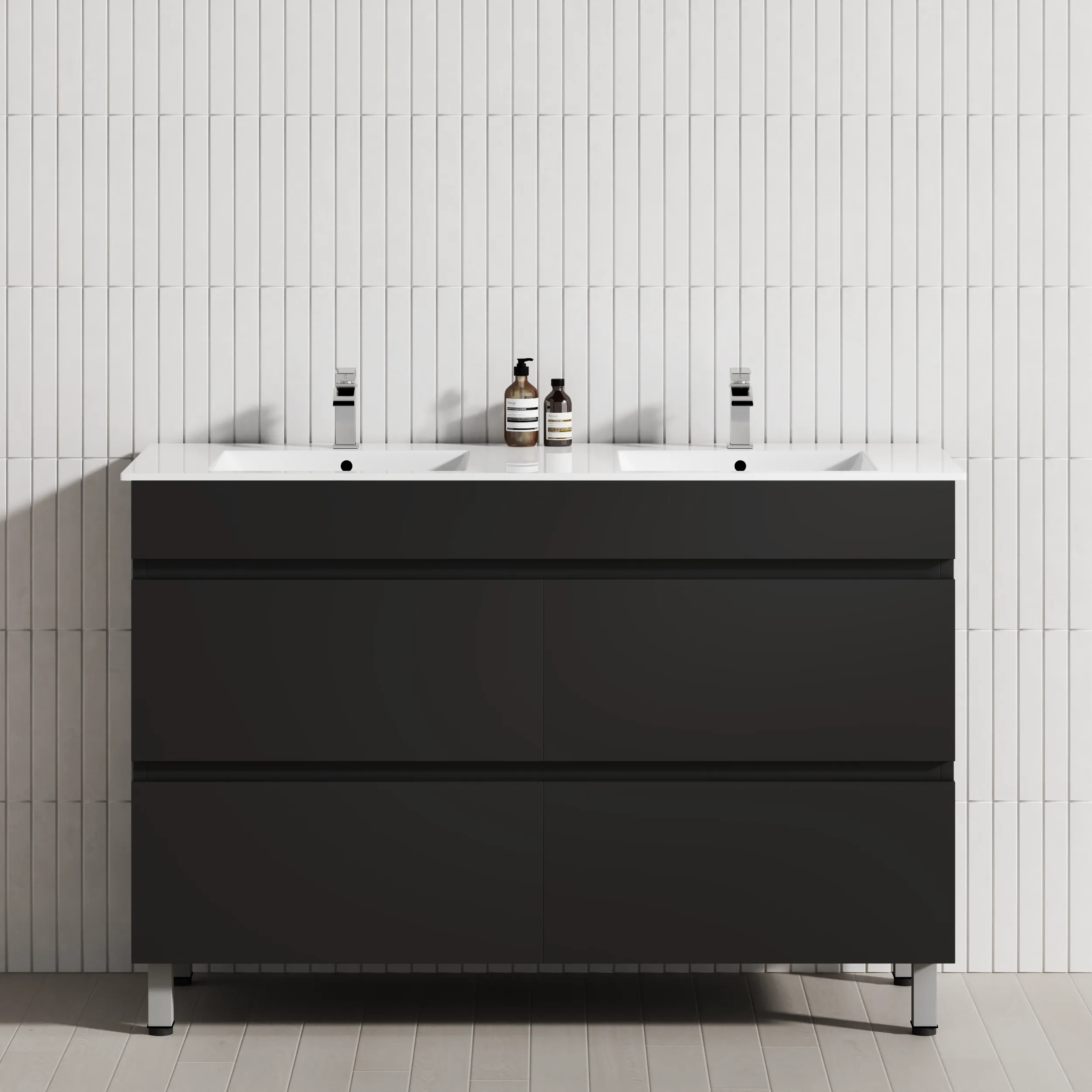 4-Drawer 1500mm Bathroom Freestanding Vanity with Legs Double Bowls Matt Black Cabinet Only