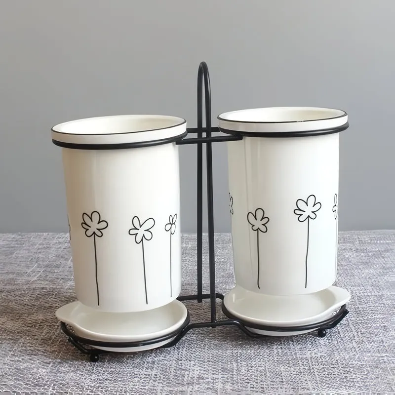 Ceramic Chopsticks and Utensil Storage Set with Drainage Rack