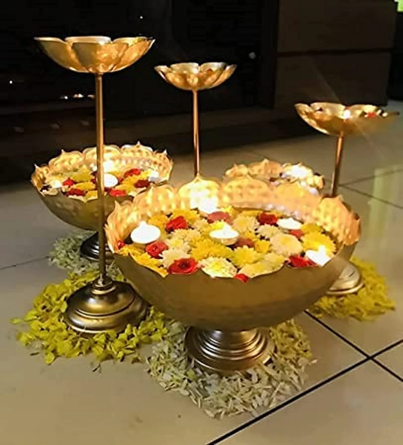 Golden Glow Urli Set – Hammered Iron Bowl with Floating Flower Diyas