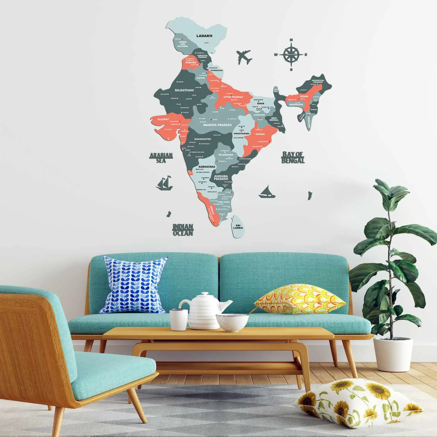Salmon Pink Wooden India Map for wall | Wooden India map wallart | Map of India |