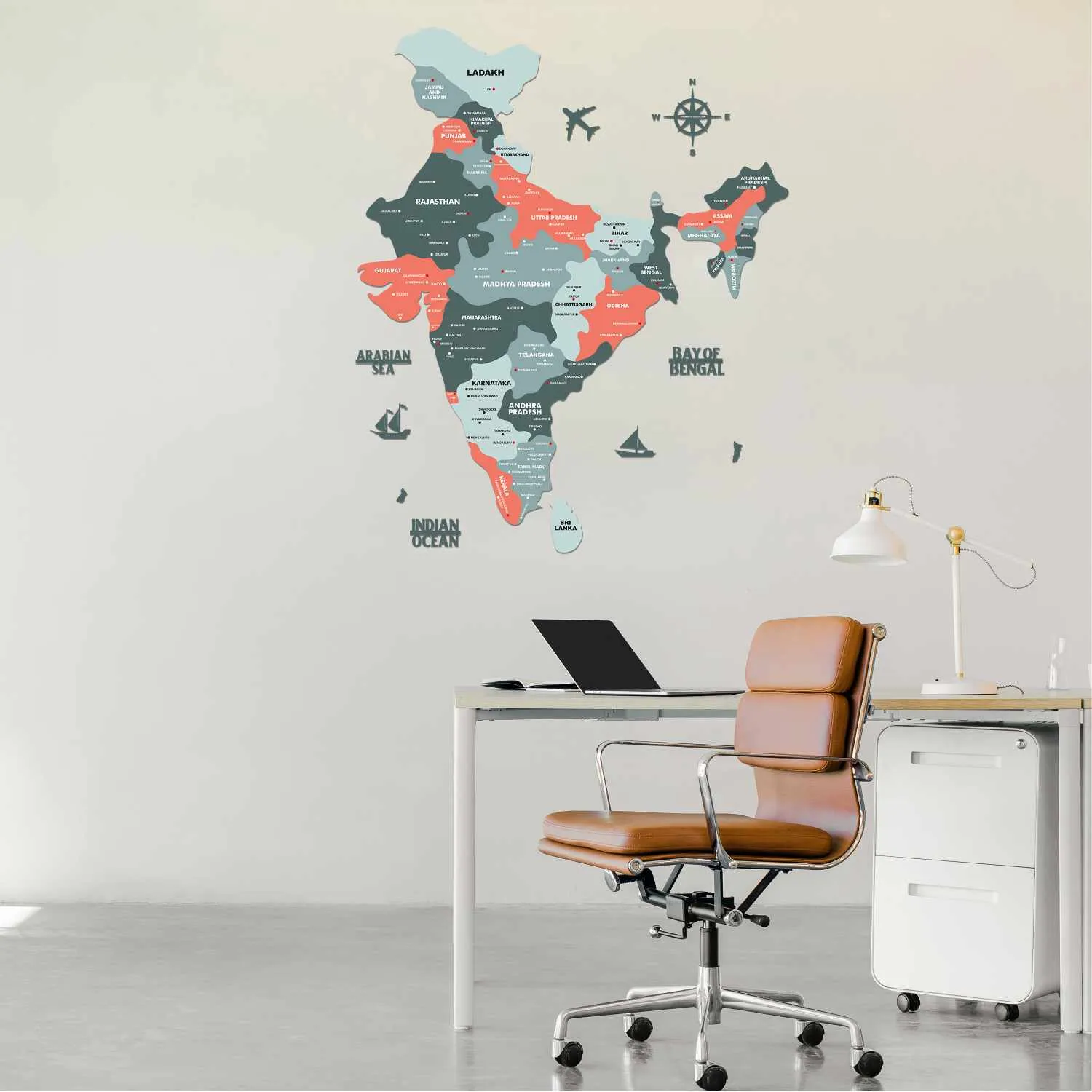 Salmon Pink Wooden India Map for wall | Wooden India map wallart | Map of India |